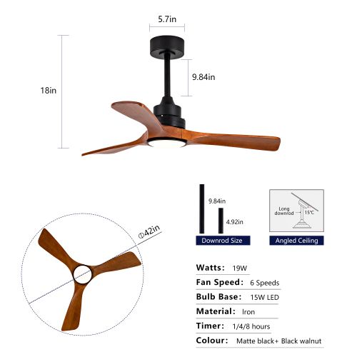 Ventilateur De Plafond 42 Pouces Avec Lumière, 3 Pales En Bois Noyer Foncé, Noir