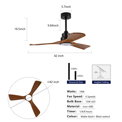 Ventilateur De Plafond Avec Lumière, Moteur Dc Réversible, En Abs, Noir Et Noyer Foncé