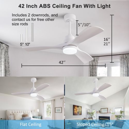 Ventilateur De Plafond Blanc 42 Pouces Avec Lumière LED, Télécommande, 3 Pales En Abs