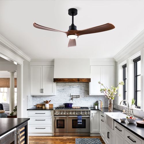 Ventilateur De Plafond 132 Cm Avec Lumière, Télécommande, 3 Pales En Abs, Noir Et Noyer Foncé