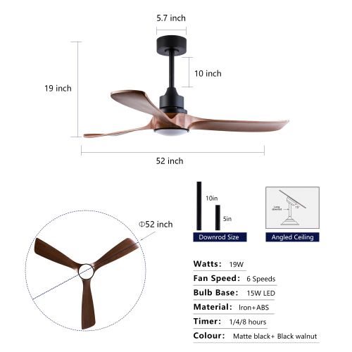 Ventilateur De Plafond 132 Cm Avec Lumière, Télécommande, 3 Pales En Abs, Noir Et Noyer Foncé