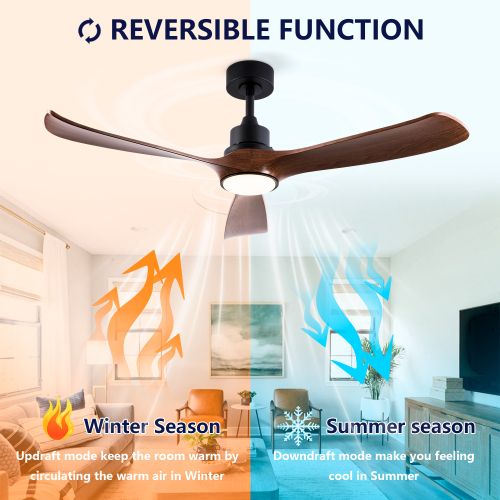 Ventilateur De Plafond 132 Cm Avec Lumière, Télécommande, 3 Pales En Abs, Noir Et Noyer Foncé