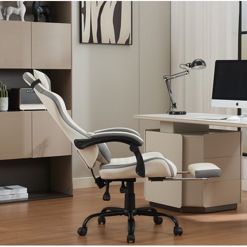 Chaise Gamer Avec Soutien Lombaire, Dossier Inclinable, Repose-pieds, Appui-tête, Blanc Et Gris