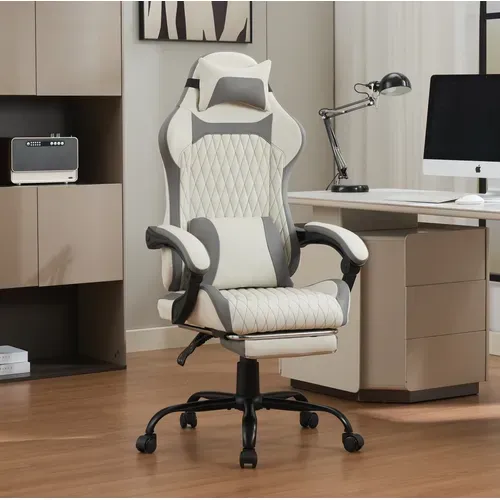 Chaise Gamer Avec Soutien Lombaire, Dossier Inclinable, Repose-pieds, Appui-tête, Blanc Et Gris