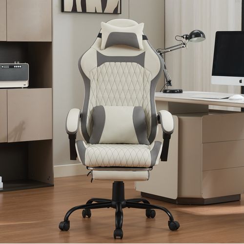 Chaise Gamer Avec Soutien Lombaire, Dossier Inclinable, Repose-pieds, Appui-tête, Blanc Et Gris