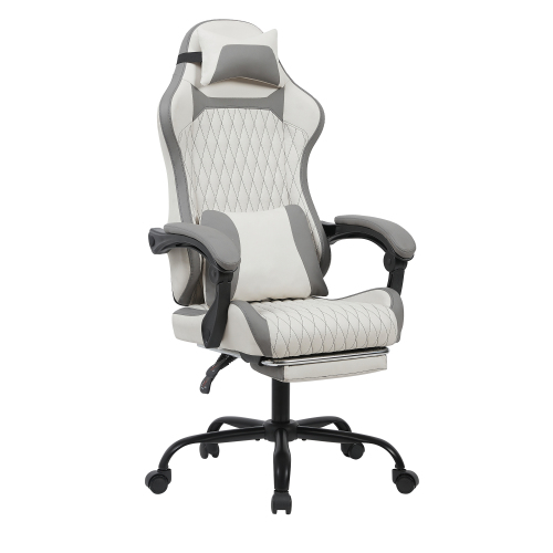 Chaise Gamer Avec Soutien Lombaire, Dossier Inclinable, Repose-pieds, Appui-tête, Blanc Et Gris