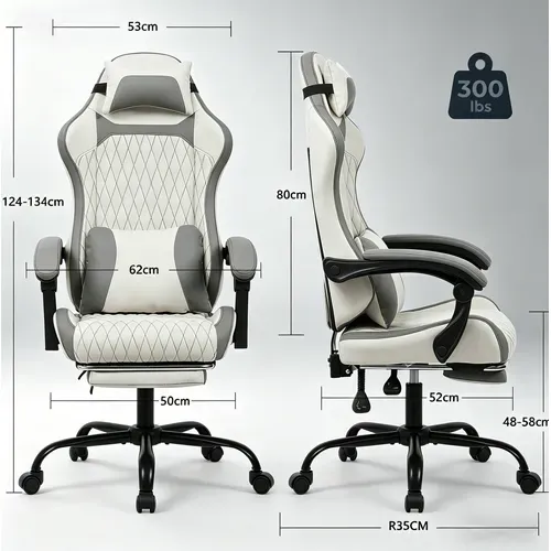 Chaise Gamer Avec Soutien Lombaire, Dossier Inclinable, Repose-pieds, Appui-tête, Blanc Et Gris