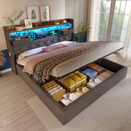 Lit Coffre 140x190 Cm Avec Tête De Lit De Rangement Et LED, Avec Sommier à Lattes, En Bois, Gris