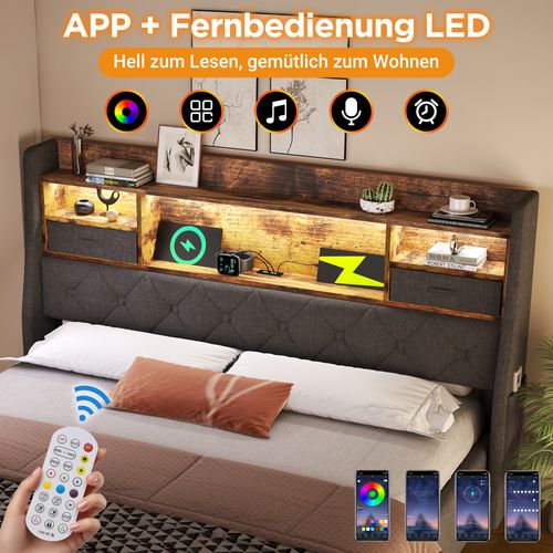Lit Coffre 140x190 Cm Avec Tête De Lit De Rangement Et LED, Avec Sommier à Lattes, En Bois, Gris