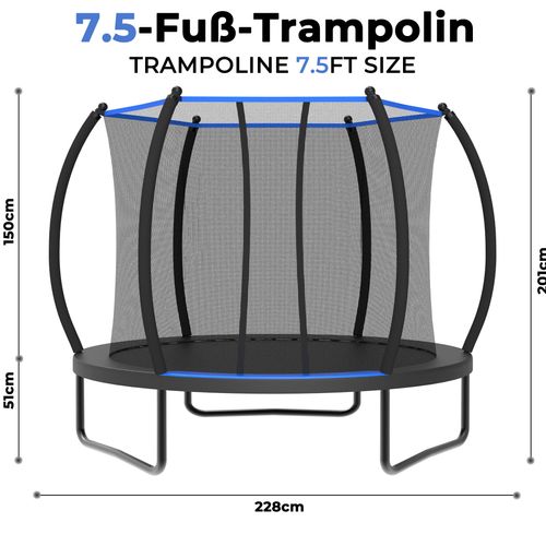Trampoline Avec Filet De Sécurité Et échelle, En Acier, Noir Et Bleu, 228 Cm