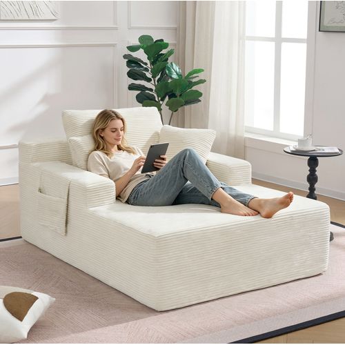 Canapé Méridienne En Velours Côtelé Beige Avec Poches Latérales Et Coussins