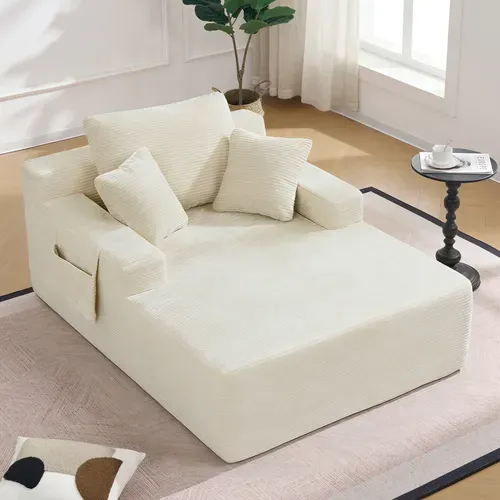 Canapé Méridienne En Velours Côtelé Beige Avec Poches Latérales Et Coussins