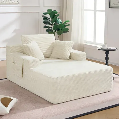 Canapé Méridienne En Velours Côtelé Beige Avec Poches Latérales Et Coussins