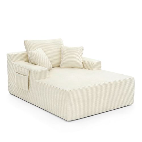 Canapé Méridienne En Velours Côtelé Beige Avec Poches Latérales Et Coussins