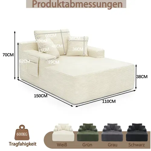 Canapé Méridienne En Velours Côtelé Beige Avec Poches Latérales Et Coussins