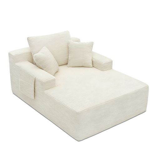Canapé Méridienne En Velours Côtelé Beige Avec Poches Latérales Et Coussins