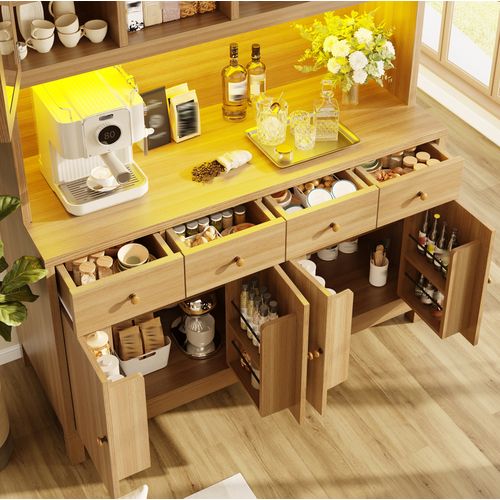 Buffet Haut Bois Avec LED Rgb Contrôlée Par Application, Portes Vitrées, 4 Tiroirs