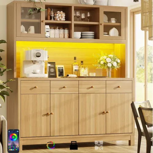 Buffet Haut Bois Avec LED Rgb Contrôlée Par Application, Portes Vitrées, 4 Tiroirs
