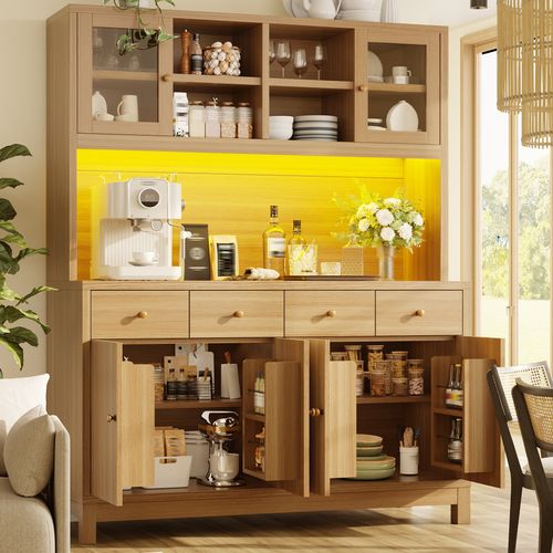 Buffet Haut Bois Avec LED Rgb Contrôlée Par Application, Portes Vitrées, 4 Tiroirs