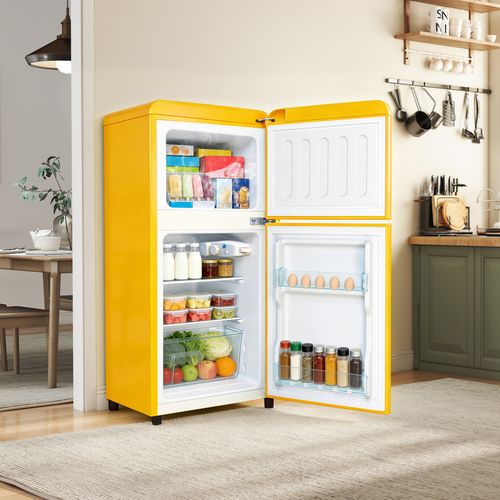 Réfrigérateur 2 Portes 60 L Avec Congélateur De 22 L, 99 Kwh/an, -18 °c à +10 °c, Jaune