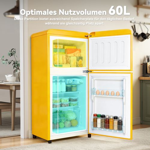 Réfrigérateur 2 Portes 60 L Avec Congélateur De 22 L, 99 Kwh/an, -18 °c à +10 °c, Jaune