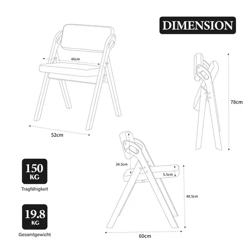 Lot De 2 Chaises Pliantes, Assise Rembourrée, Structure En Bois De Hêtre, Gris