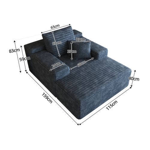 Méridienne En Velours Côtelé Bleu, Assise Profonde, Sans Montage