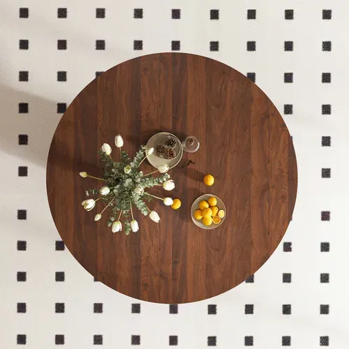 Table À Manger Ronde 110 Cm En Mdf Avec Finition Noyer Et Base En Métal