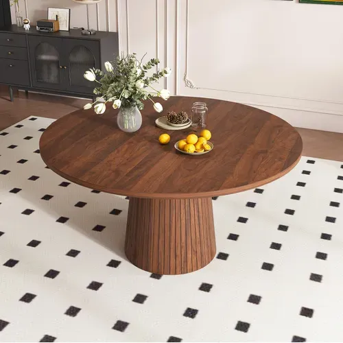 Table À Manger Ronde 110 Cm En Mdf Avec Finition Noyer Et Base En Métal