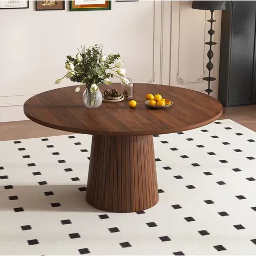 Table À Manger Ronde 110 Cm En Mdf Avec Finition Noyer Et Base En Métal