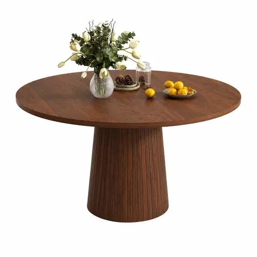 Table À Manger Ronde 110 Cm En Mdf Avec Finition Noyer Et Base En Métal