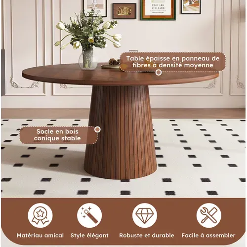 Table À Manger Ronde 110 Cm En Mdf Avec Finition Noyer Et Base En Métal