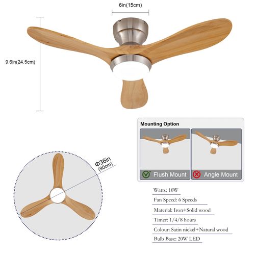 Ventilateur De Plafond 36 Pouces Encastrable En Bois, Moteur Réversible, 6 Vitesses