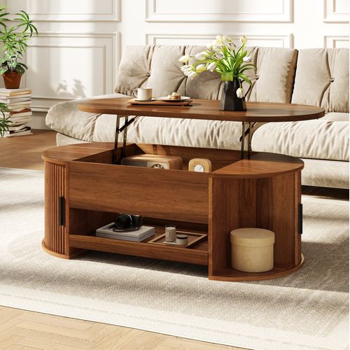 Table Basse Relevable 110x55x55 Cm En Mdf Couleur Noyer Avec Rangement Caché