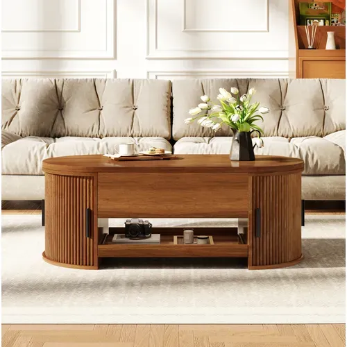 Table Basse Relevable 110x55x55 Cm En Mdf Couleur Noyer Avec Rangement Caché