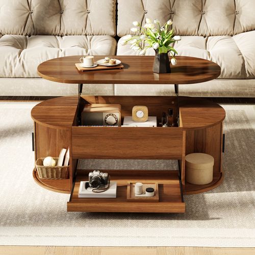 Table Basse Relevable 110x55x55 Cm En Mdf Couleur Noyer Avec Rangement Caché