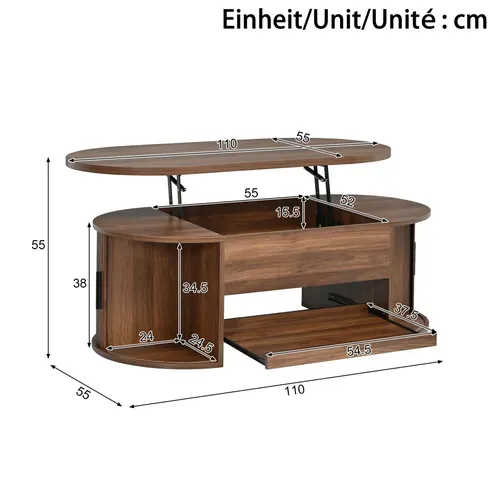 Table Basse Relevable 110x55x55 Cm En Mdf Couleur Noyer Avec Rangement Caché