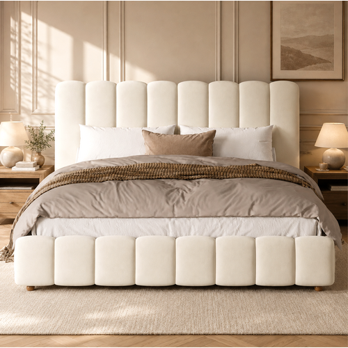 Lit Coffre 160x200 Cm Avec Tête De Lit, Coffre De Rangement, En Velours, Beige