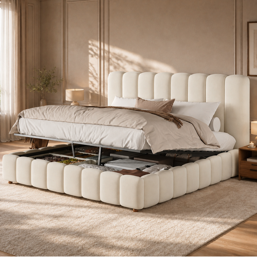 Lit Coffre 160x200 Cm Avec Tête De Lit, Coffre De Rangement, En Velours, Beige