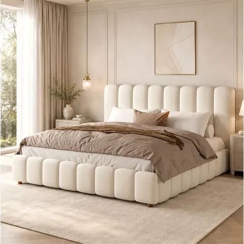 Lit Coffre 160x200 Cm Avec Tête De Lit, Coffre De Rangement, En Velours, Beige