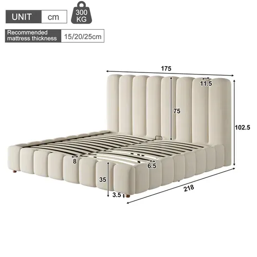 Lit Coffre 160x200 Cm Avec Tête De Lit, Coffre De Rangement, En Velours, Beige