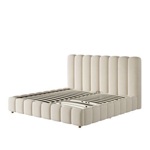Lit Coffre 160x200 Cm Avec Tête De Lit, Coffre De Rangement, En Velours, Beige