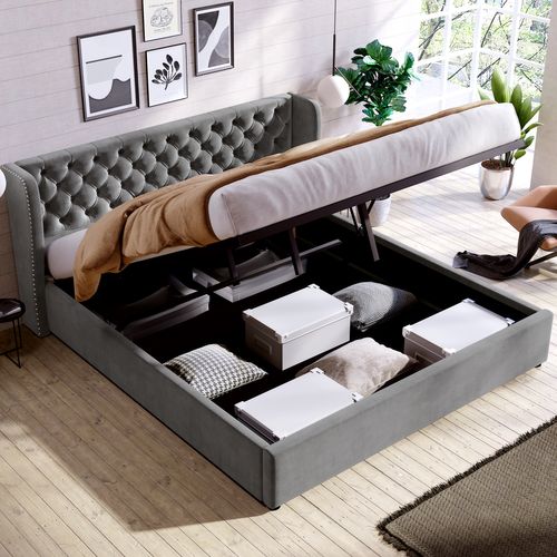 Lit Coffre 180×200 Cm - Lit Double Capitonné Avec Rangement Sous Le Lit - Velours - Gris