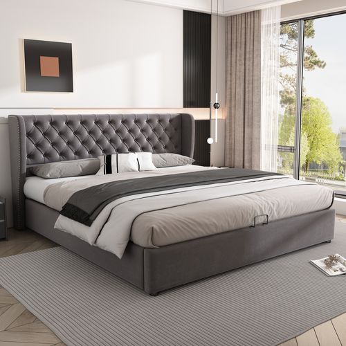 Lit Coffre 180×200 Cm - Lit Double Capitonné Avec Rangement Sous Le Lit - Velours - Gris
