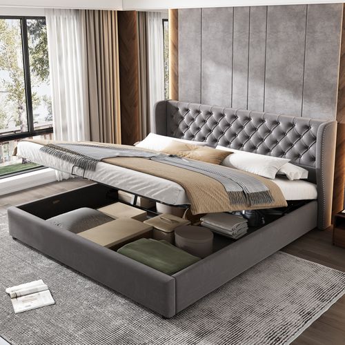 Lit Coffre 180×200 Cm - Lit Double Capitonné Avec Rangement Sous Le Lit - Velours - Gris
