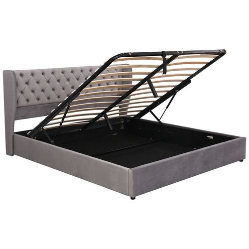 Lit Coffre 180×200 Cm - Lit Double Capitonné Avec Rangement Sous Le Lit - Velours - Gris