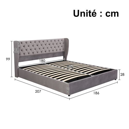 Lit Coffre 180×200 Cm - Lit Double Capitonné Avec Rangement Sous Le Lit - Velours - Gris