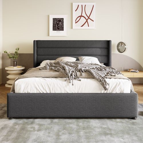 Lit Coffre 160x200 Cm - Lit Double Capitonné Gris Avec Sommier à Lattes - Lin