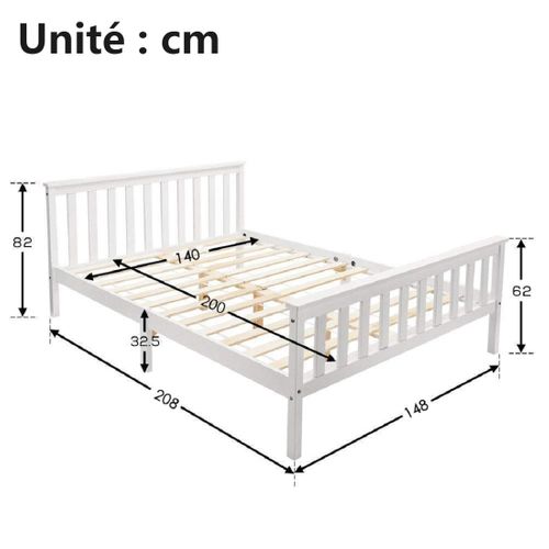 Lit Double 140x200 Cm - Lit Avec Cadre Stable - Design Moderne - Blanc