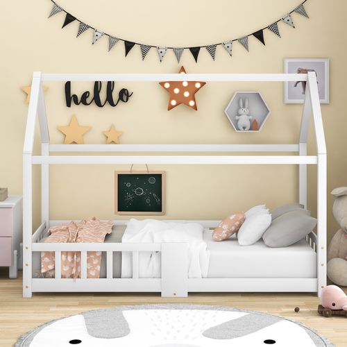 Lit Enfant 90 X 200 Cm - Lit Cabane Avec Sommier Et Plateau Noir - Fiable Et Stable - Blanc